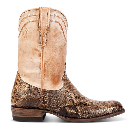 FREEBIRD men's Alamo beige python cowboy boot with a leather pull strap, 100% full grain leather, triple pipe shaft stitching and genuine python leather