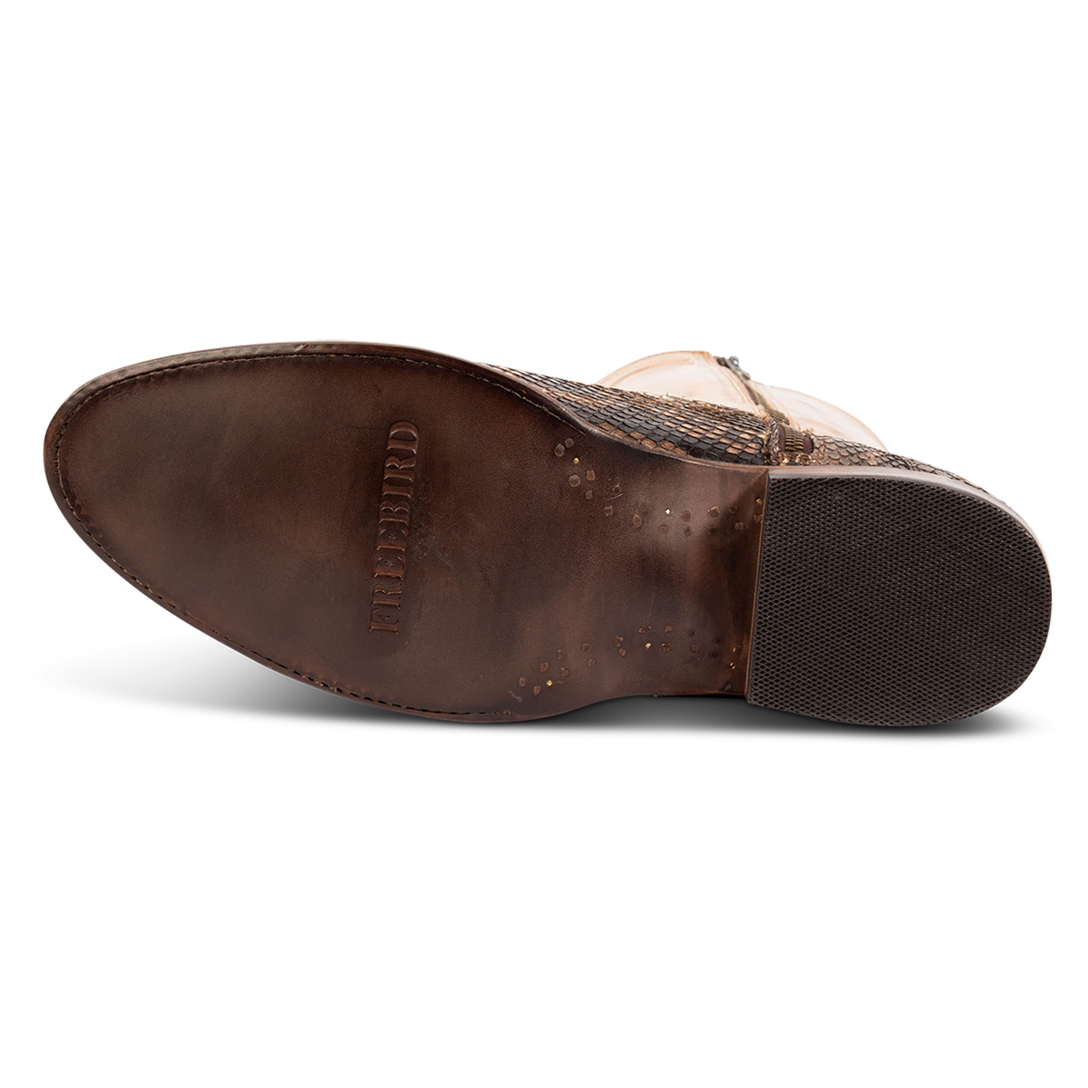Leather sole imprinted with FREEBIRD on Alamo men's beige python cowboy boot