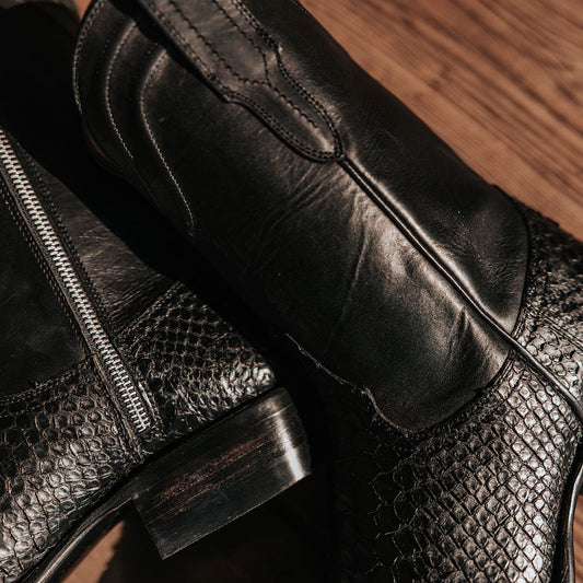 FREEBIRD men's Alamo black python cowboy boot with leather pull straps, 100% full grain leather, triple pipe shaft stitching and genuine python leather