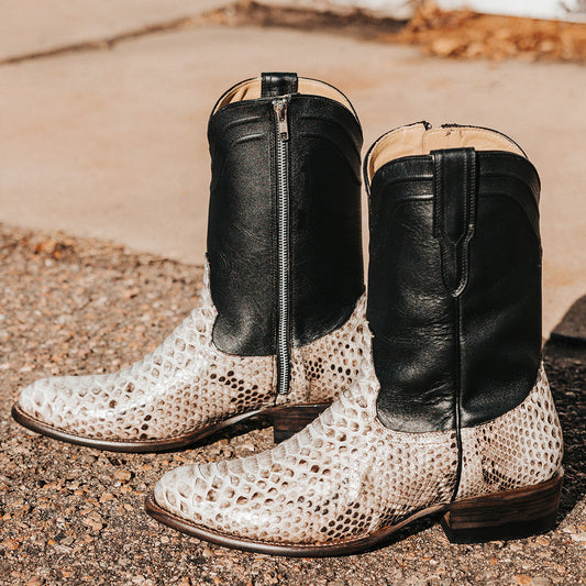FREEBIRD men's Alamo black/white python cowboy boot with leather pull straps, 100% full grain leather, triple pipe shaft stitching and genuine python leather