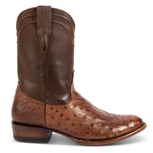 FREEBIRD men's Alamo brown ostrich cowboy boot with leather pull straps, 100% full grain leather, triple pipe shaft stitching and genuine ostrich leather