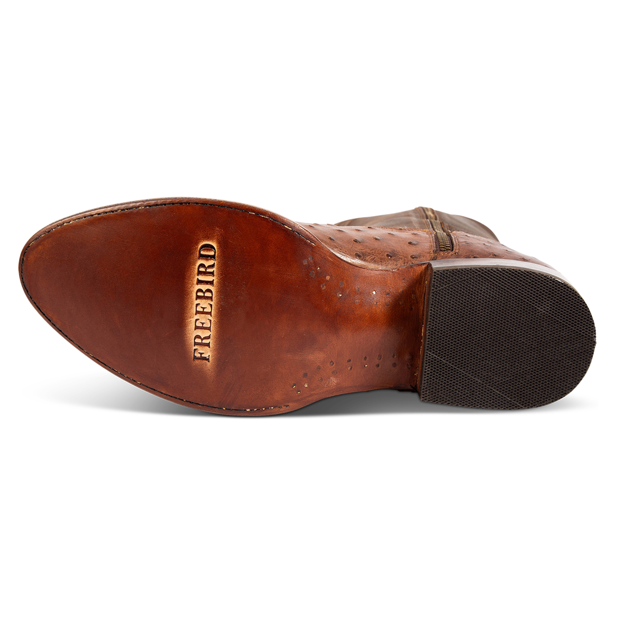 Leather sole imprinted with FREEBIRD on Alamo men's brown ostrich cowboy boot