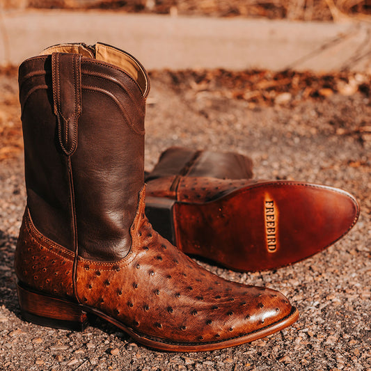 FREEBIRD men's Alamo brown ostrich cowboy boot with leather pull straps, 100% full grain leather, triple pipe shaft stitching and genuine ostrich leather