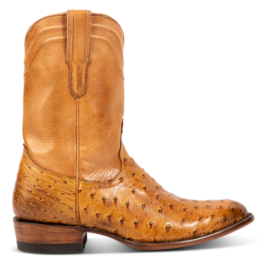 FREEBIRD men's Alamo canary ostrich cowboy boot with leather pull straps, 100% full grain leather, triple pipe shaft stitching and genuine ostrich leather