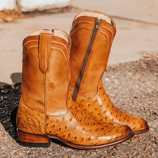 FREEBIRD men's Alamo canary ostrich cowboy boot with leather pull straps, 100% full grain leather, triple pipe shaft stitching and genuine ostrich leather