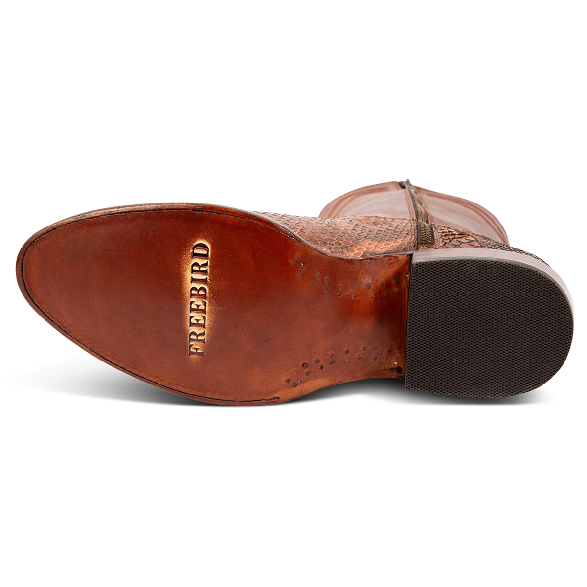 Leather sole imprinted with FREEBIRD on men's Alamo cedar python cowboy boot