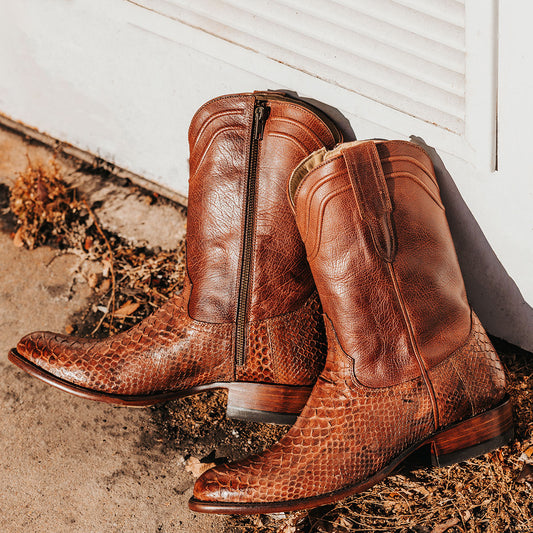 FREEBIRD men's Alamo cedar python cowboy boot with leather pull straps, 100% full grain leather, triple pipe shaft stitching and genuine python leather