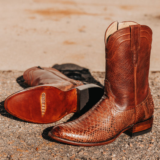 FREEBIRD men's Alamo cedar python cowboy boot with leather pull straps, 100% full grain leather, triple pipe shaft stitching and genuine python leather