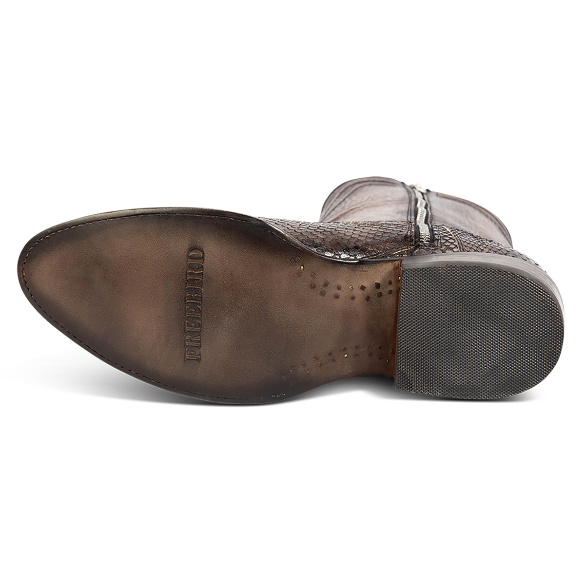 Leather sole imprinted with FREEBIRD on Alamo men's steel python cowboy boot