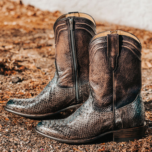 FREEBIRD men's Alamo steel python cowboy boot with leather pull straps, 100% full grain leather, triple pipe shaft stitching and genuine python leather