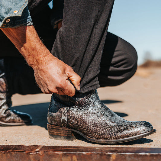 FREEBIRD men's Alamo steel python cowboy boot with leather pull straps, 100% full grain leather, triple pipe shaft stitching and genuine python leather