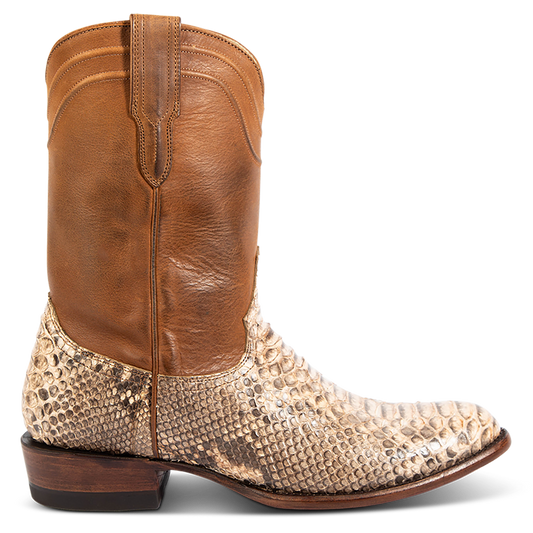 FREEBIRD men's Alamo tan python cowboy boot with leather pull straps, 100% full grain leather, triple pipe shaft stitching and genuine python leather