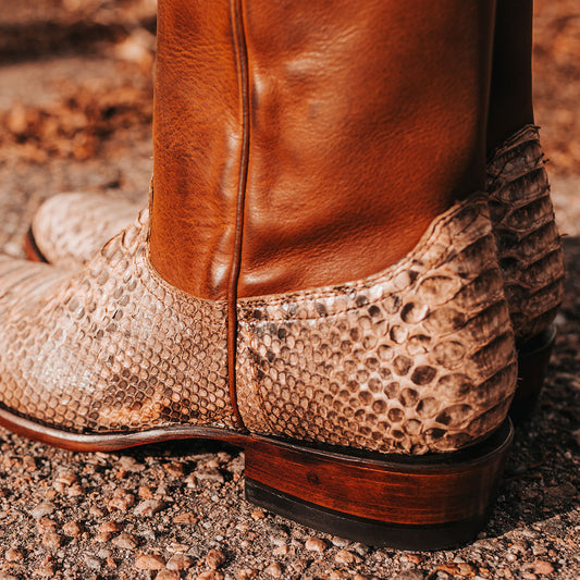 FREEBIRD men's Alamo tan python cowboy boot with leather pull straps, 100% full grain leather, triple pipe shaft stitching and genuine python leather