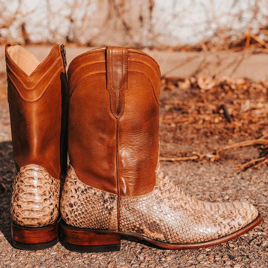 FREEBIRD men's Alamo tan python cowboy boot with leather pull straps, 100% full grain leather, triple pipe shaft stitching and genuine python leather