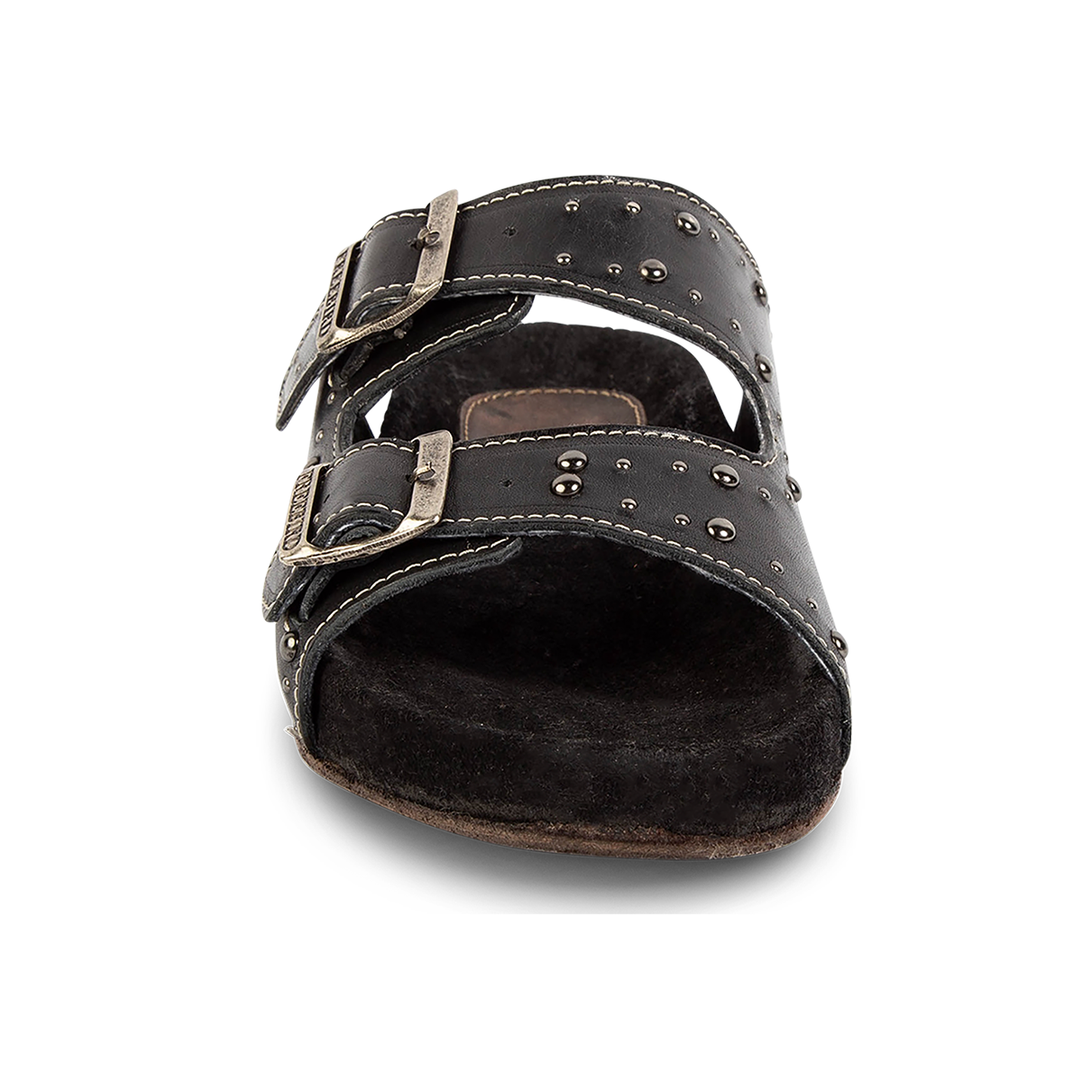 Front view showing FREEBIRD women's Asher black sandal with adjustable belt buckles, a suede footbed and silver embellishments