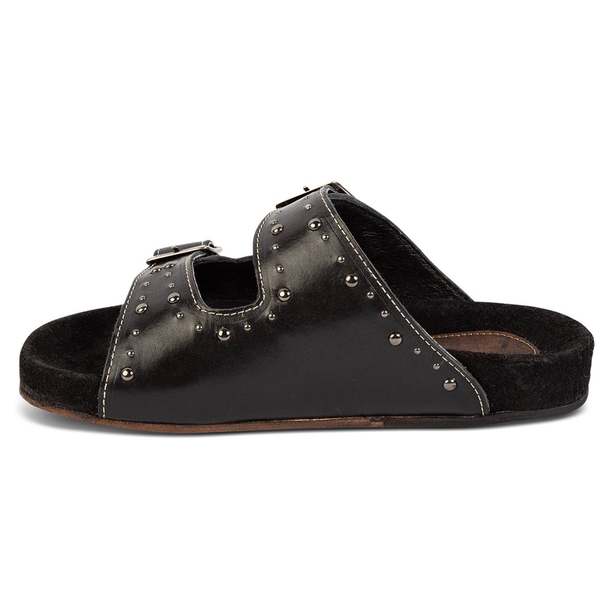 Inside view showing FREEBIRD women's Asher black sandal with adjustable belt buckles, a suede footbed and silver embellishments