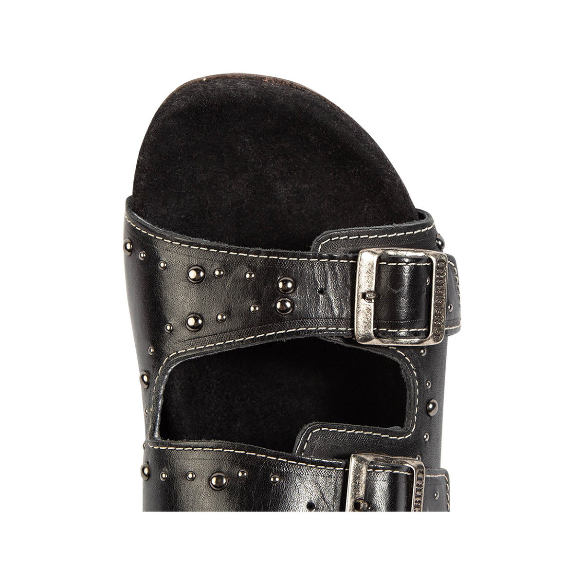 Top view showing a rounded exposed toe bed on FREEBIRD women's Asher black sandal 