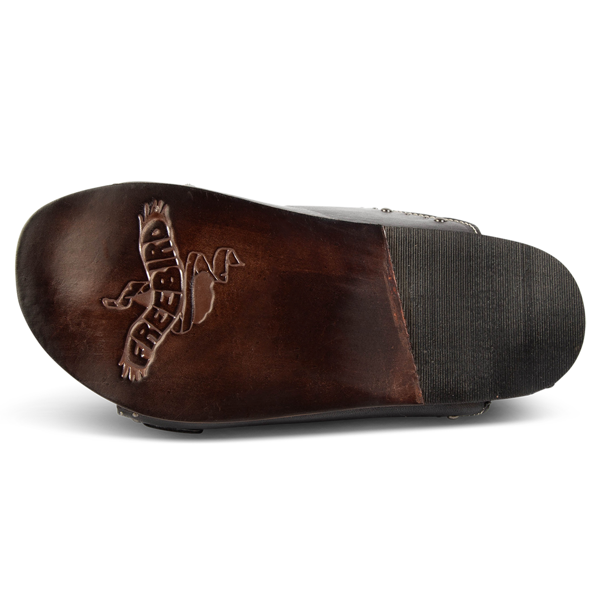 Leather sole with a tread heel imprinted with FREEBIRD on women's Asher black sandal 