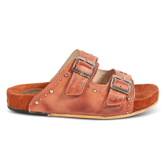 FREEBIRD women's Asher rust sandal with adjustable belt buckles, a suede footbed and silver embellishments