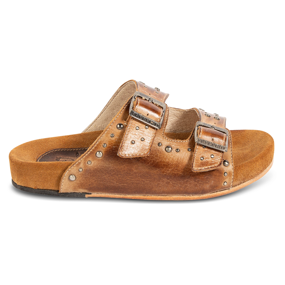 FREEBIRD women's Asher wheat leather sandal with adjustable belt buckles, a suede footbed and silver embellishments