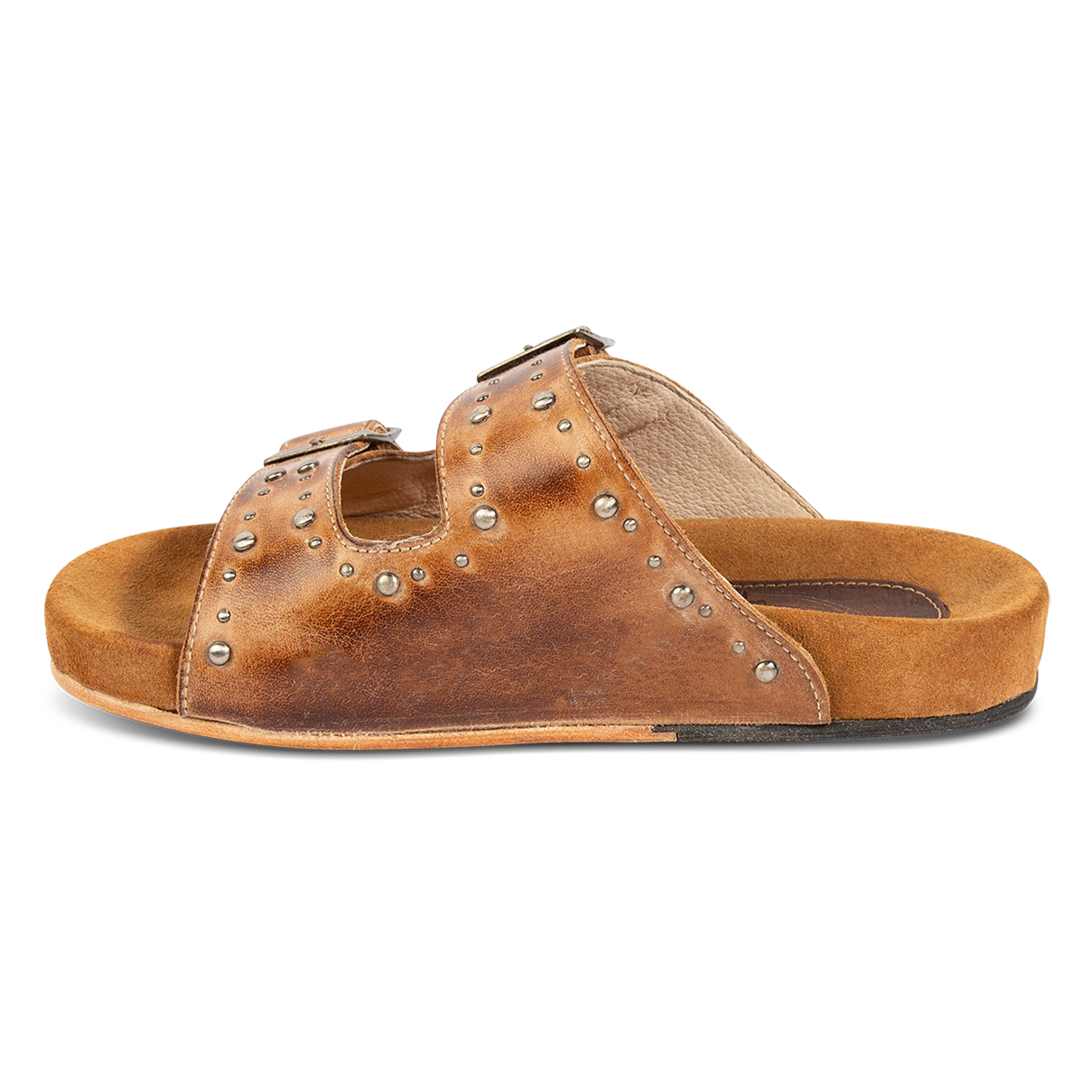 Inside view showing FREEBIRD women's Asher wheat sandal with adjustable belt buckles, a suede footbed and silver embellishments