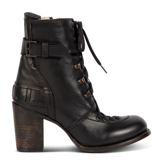 Freebird women's BANKS black leather bootie with an inside working brass zipper, a tall heel and front lace up closure