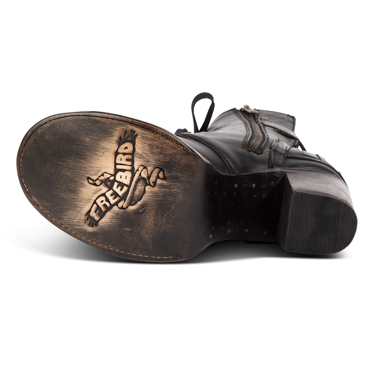 Leather sole imprinted with Freebird on women's BANKS black leather bootie