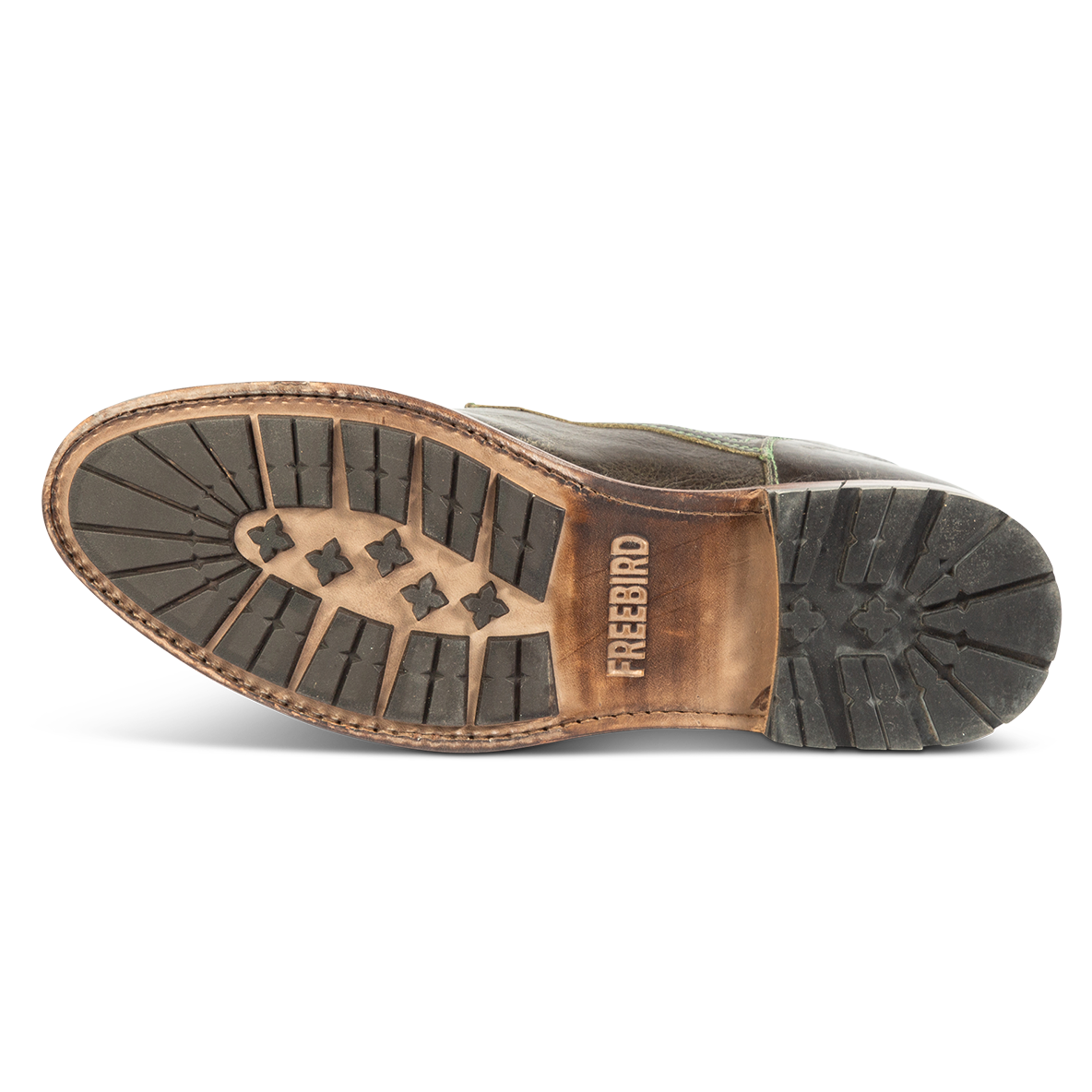 Rubber sole imprinted with FREEBIRD on men's benning olive leather boot