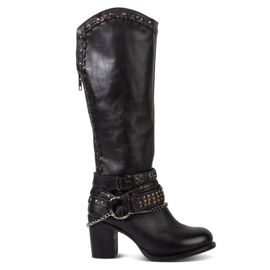 FREEBIRD women's Blakely black heeled tall boot with shaft detailing, layered decretive ankle harnesses, and back zip closure