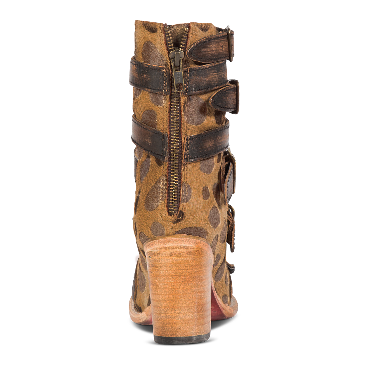 Back view showing working brass zip closure on FREEBIRD women's Bond leopard sandals