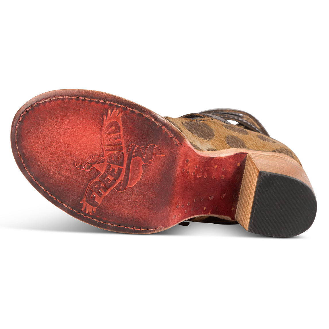 Leather sole imprinted with FREEBIRD on women's Bond leopard sandal