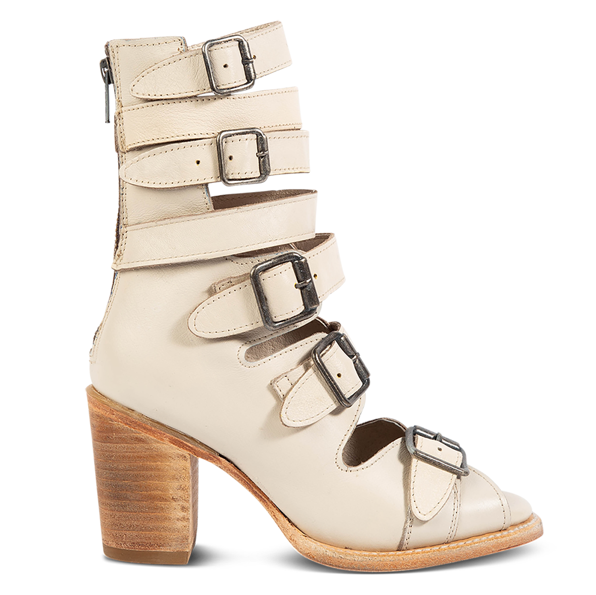 FREEBIRD women's off white sandal with fashion straps and stacked heel