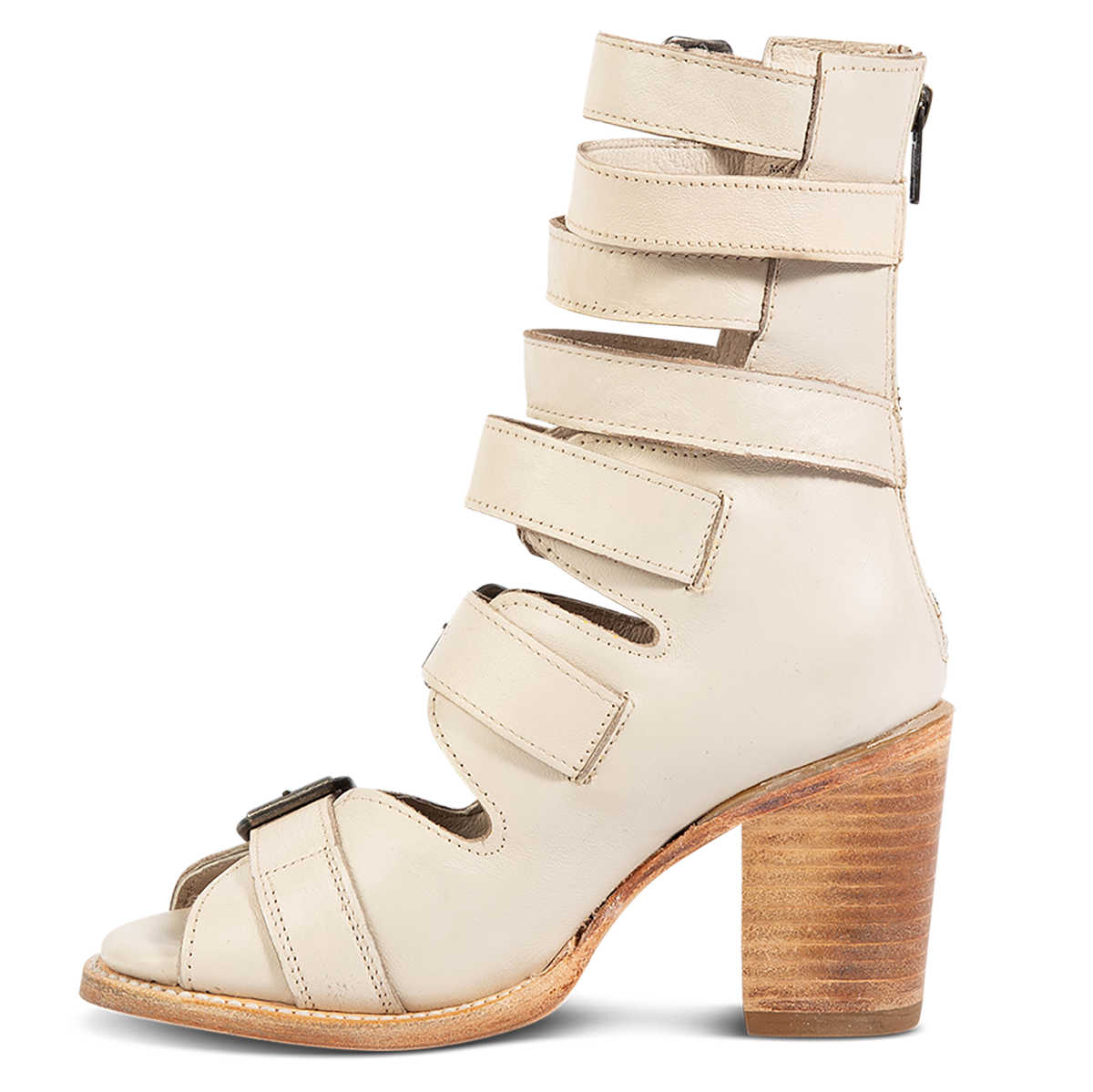 Inside view showing FREEBIRD women's Bond off white sandal with fashion straps and stacked heel