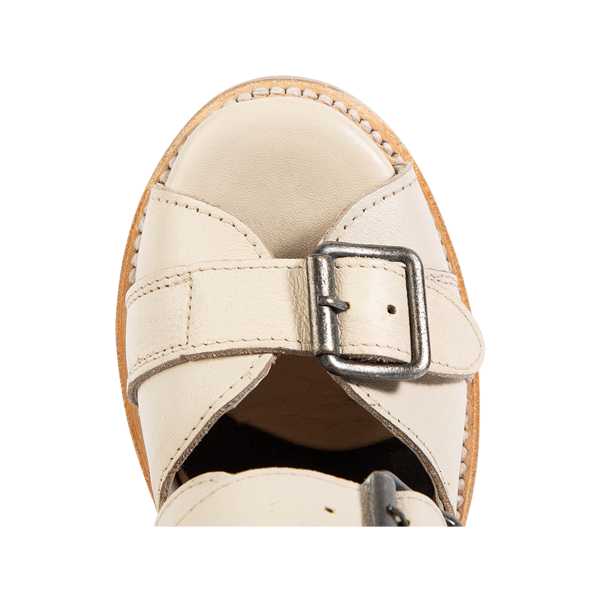 Top view showing round toe with leather toe and ankle straps on FREEBIRD women's Bond off white sandal 