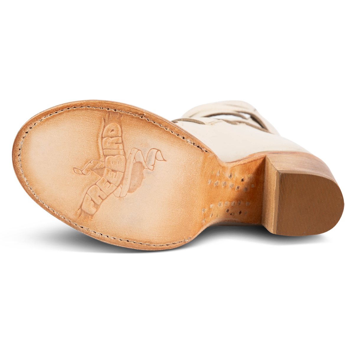Leather sole imprinted with FREEBIRD on women's Bond off white sandal 
