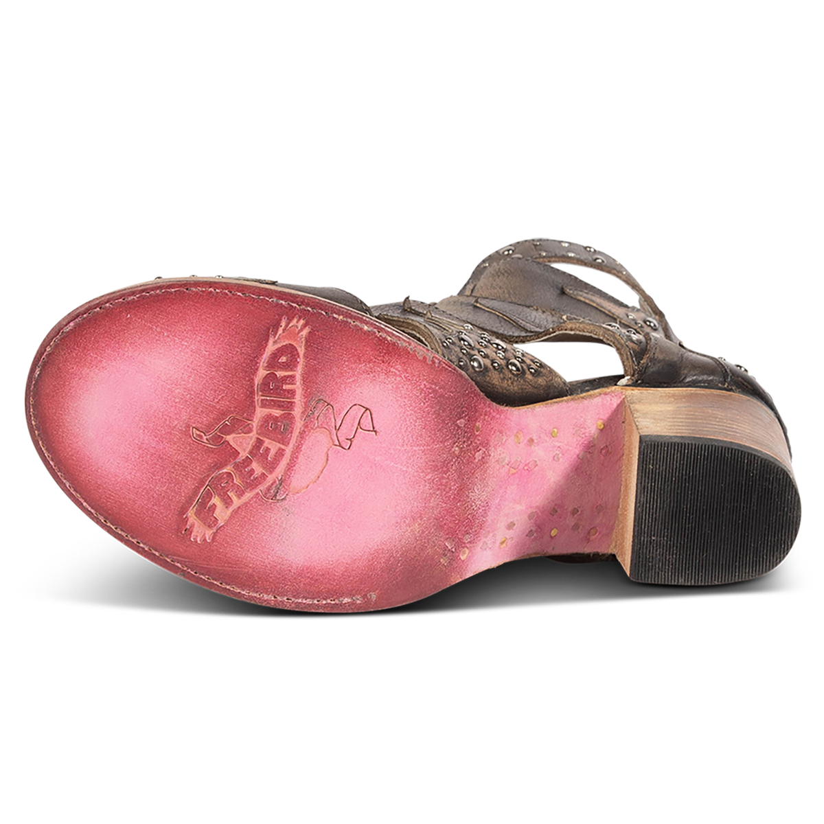 Leather sole imprinted with FREEBIRD on women's Brooke black leather sandal