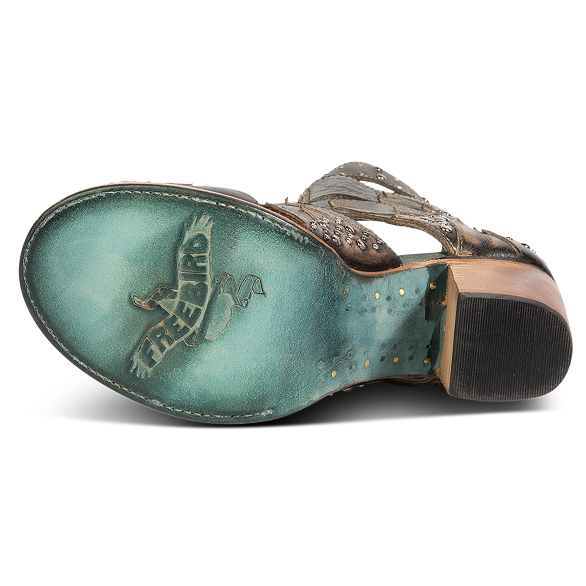 Leather sole imprinted with FREEBIRD on women's Brooke blue leather sandal