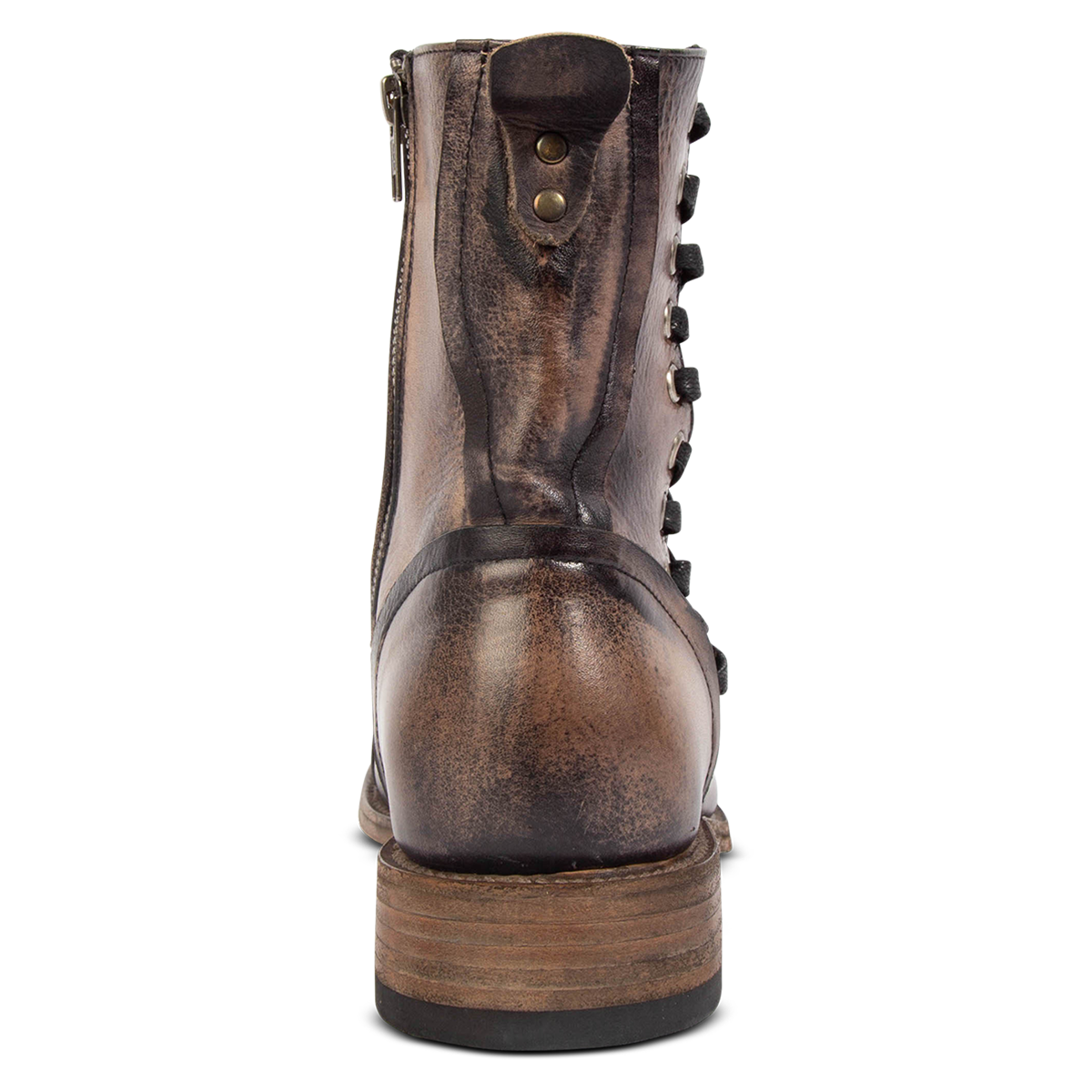 Back view showing studded paneling and low block heel on FREEBIRD men's Brooks black leather boot