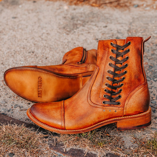 FREEBIRD men's Brooks cognac leather boot featuring side shaft lacing, leather sole and low block heel