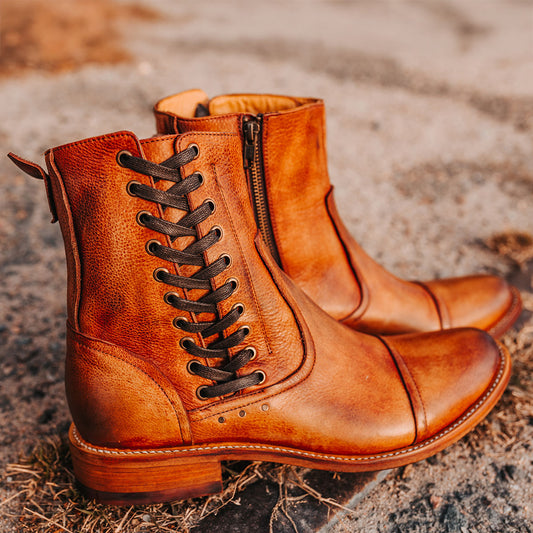 FREEBIRD men's Brooks cognac leather boot featuring side shaft lacing, leather sole and low block heel