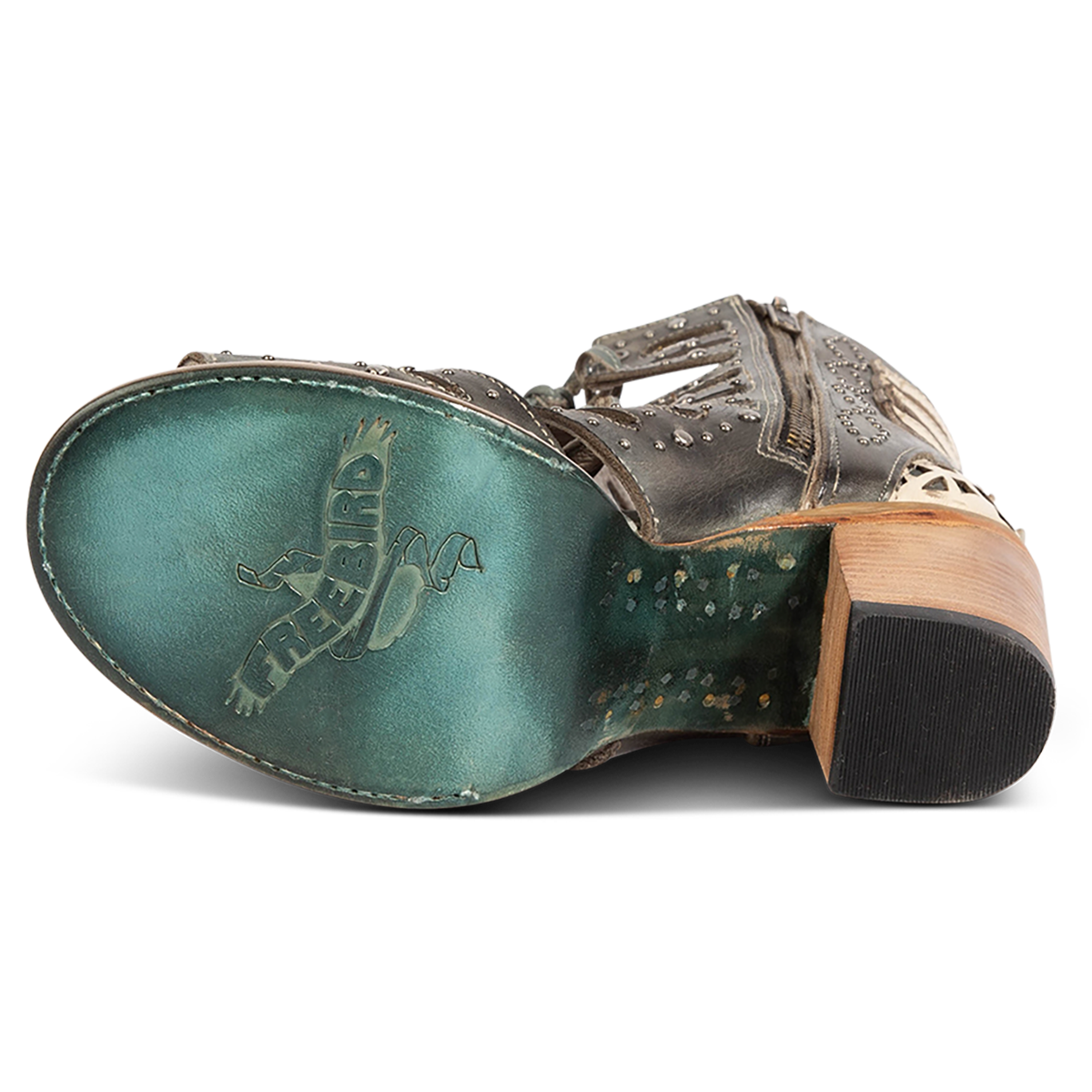 Leather sole imprinted with FREEBIRD on women's BUD blue leather sandal