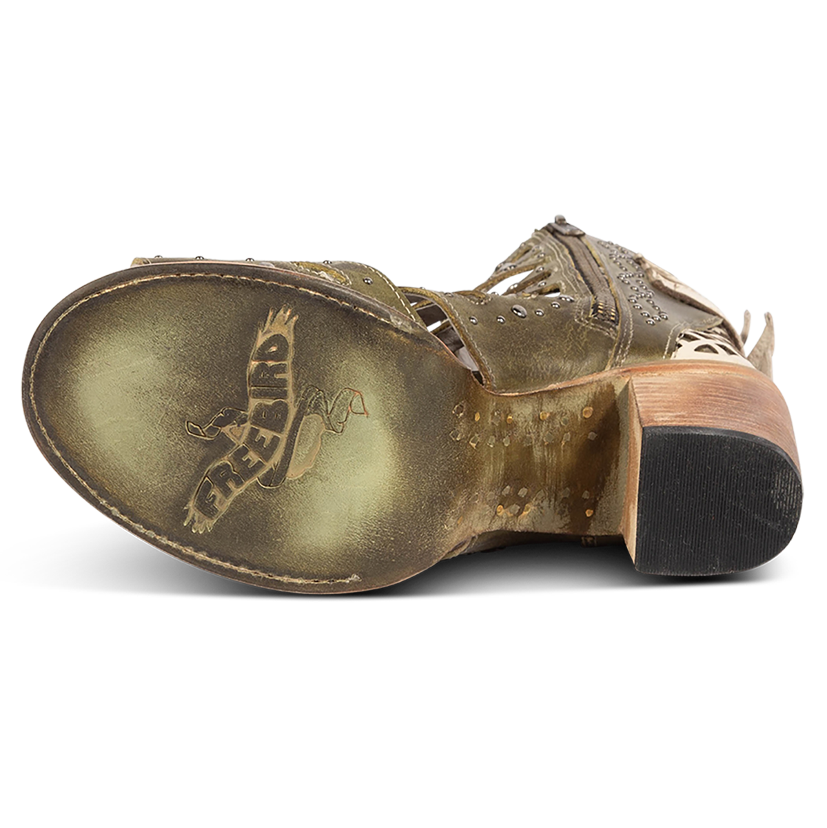 Leather sole imprinted with FREEBIRD on women's BUD green leather sandal