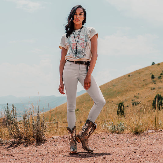 FREEBIRD women's Butterfly black multi leather boot with laser cut detailing, a slant heel and snip toe construction lifestyle