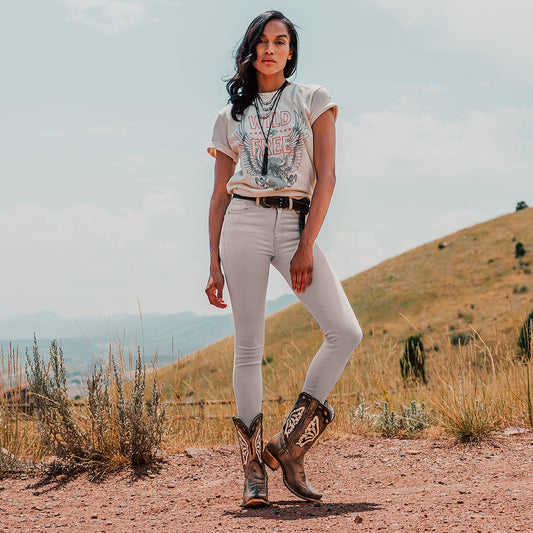 FREEBIRD women's Butterfly black multi leather boot with laser cut detailing, a slant heel and snip toe construction lifestyle image