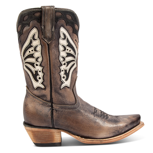 FREEBIRD women's Butterfly black multi leather boot with laser cut detailing, a slant heel and snip toe construction
