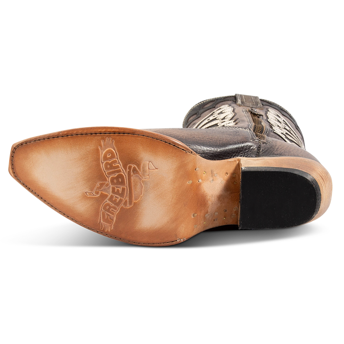 Leather sole imprinted with FREEBIRD on women's Butterfly black multi leather boot