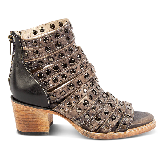 FREEBIRD women's Cannes black distressed leather sandal with studded leather straps, working brass zipper and stacked heel