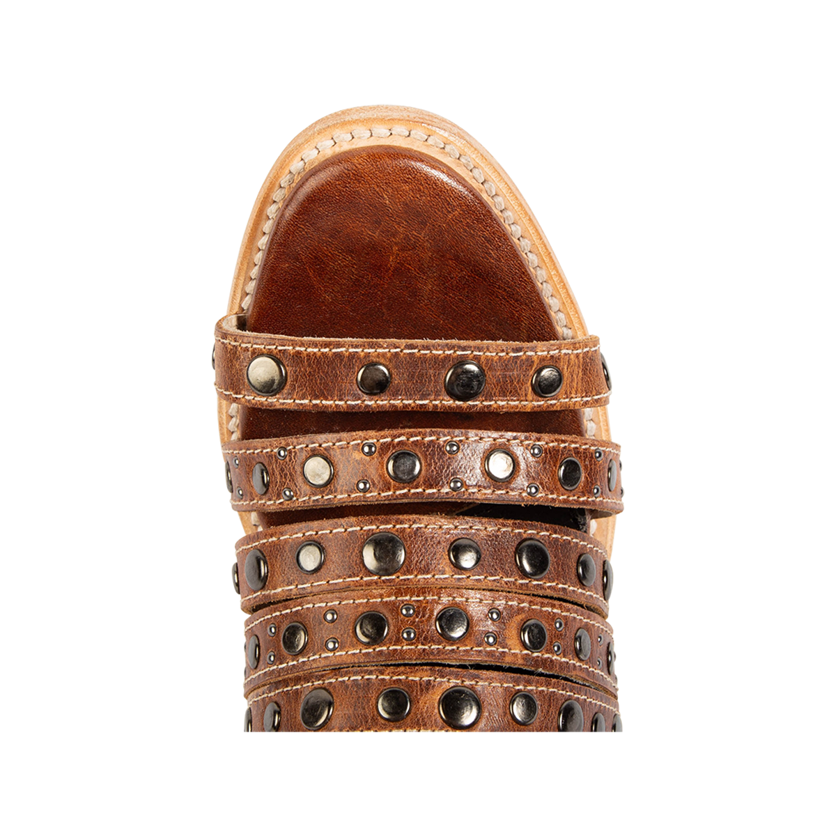 Top view showing open toe construction and embellished leather straps on FREEBIRD women's Cannes cognac leather sandal