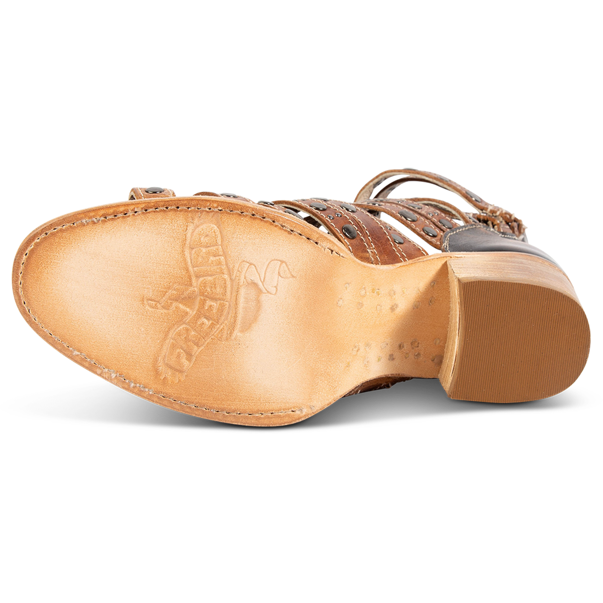 Leather sole imprinted with FREEBIRD on women's Cannes cognac leather sandal