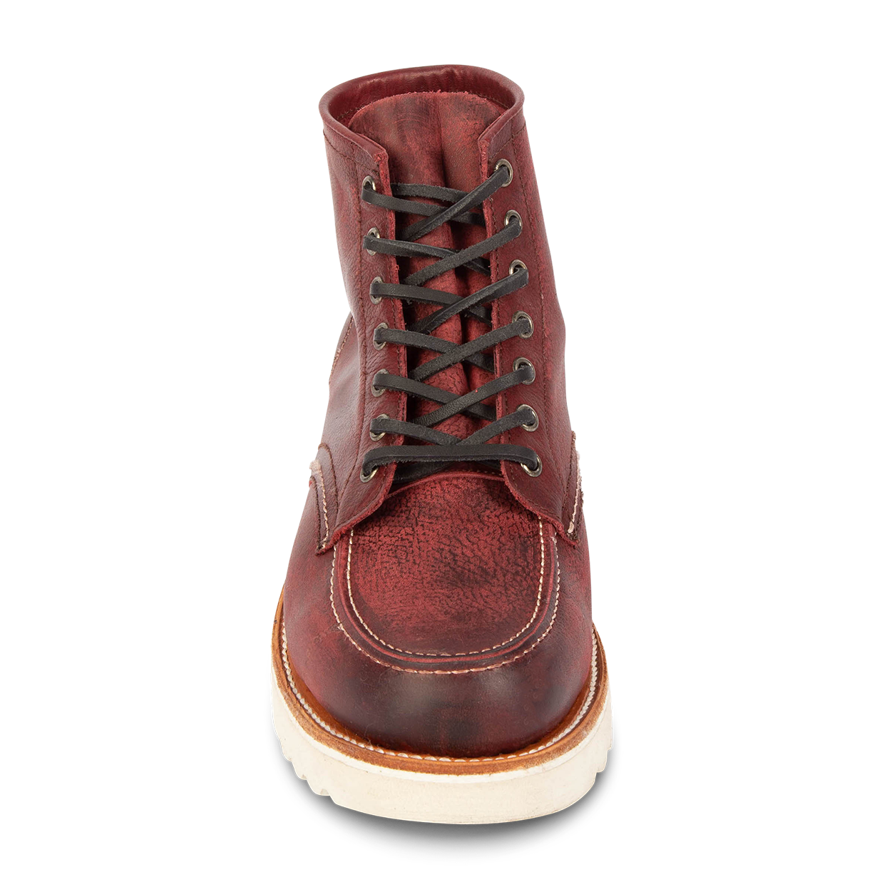 Front view showing leather tongue construction and adjustable leather lace closure on FREEBIRD men's Carbon wine shoe